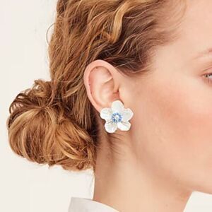 J Crew Women's  Pearl Flower Stud ‎ Party Earrings Blue White Raffia